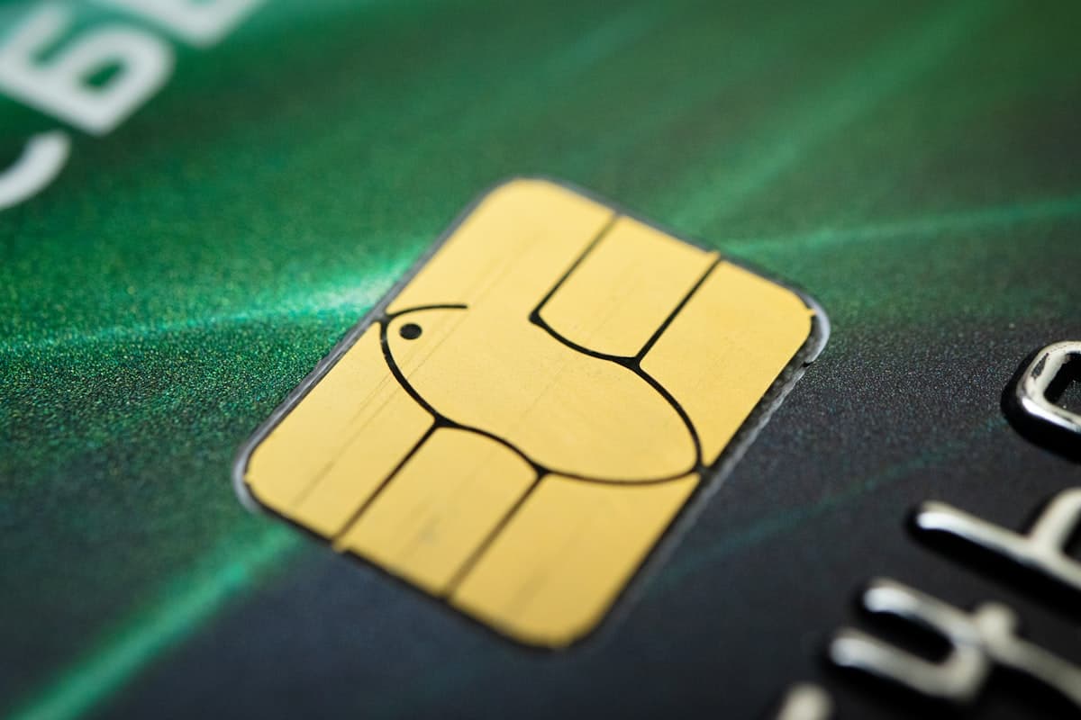 Macro shot of an EMV chip on a payment card
