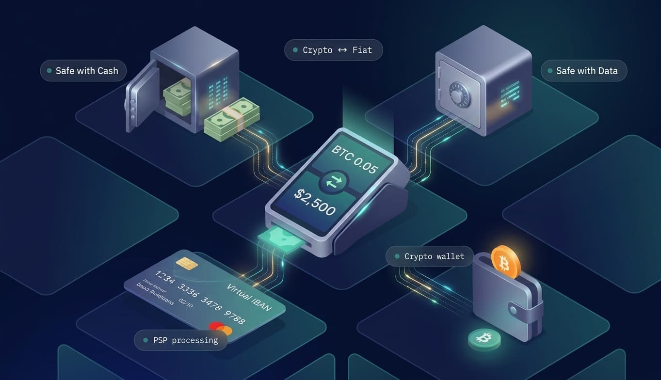 Isometric illustration of PeerPG connecting a payment terminal to cash, data, virtual IBAN, and crypto wallet storage